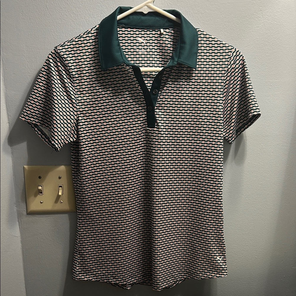 Puma Women’s Polo Shirt - dark green, pink, and white Pattern